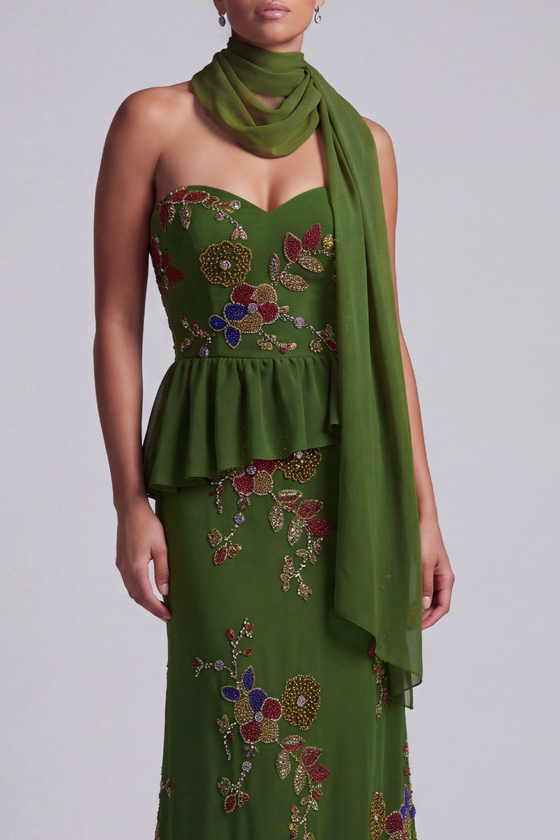 Load image into Gallery viewer, Olive Long Mermaid Floral Strapless Beaded Mother of the Bride Dress with Ruffles