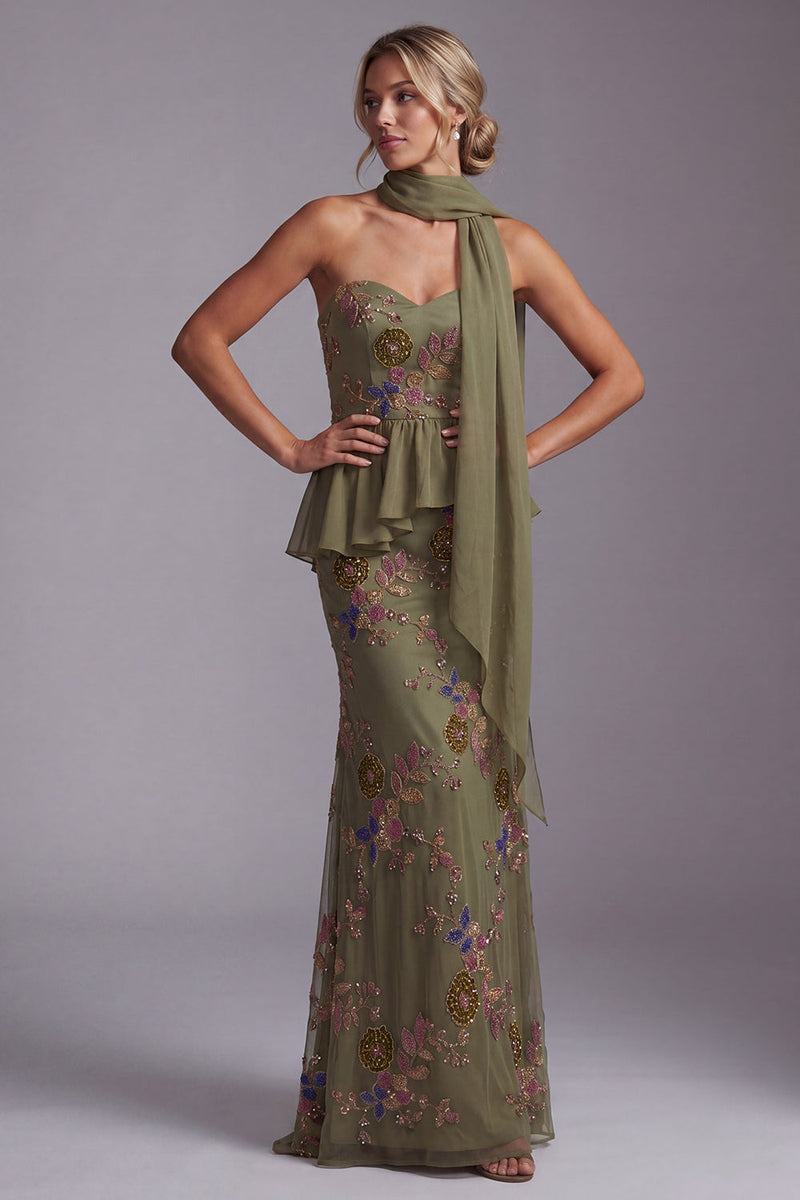 Load image into Gallery viewer, Olive Long Mermaid Floral Strapless Beaded Mother of the Bride Dress with Ruffles