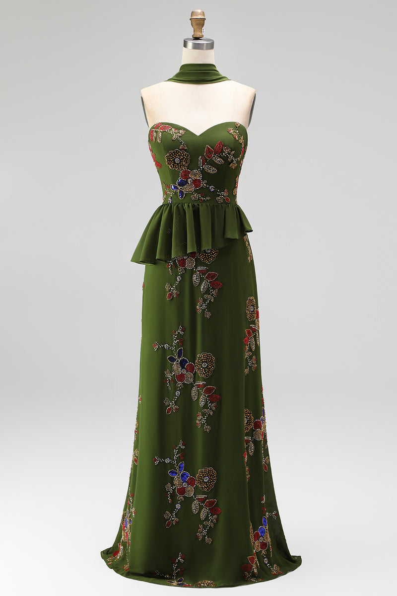 Load image into Gallery viewer, Olive Long Mermaid Floral Strapless Beaded Mother of the Bride Dress with Ruffles