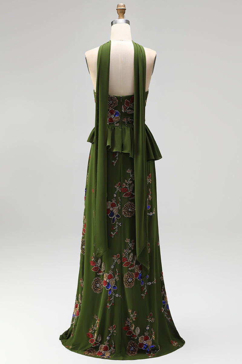 Load image into Gallery viewer, Olive Long Mermaid Floral Strapless Beaded Mother of the Bride Dress with Ruffles