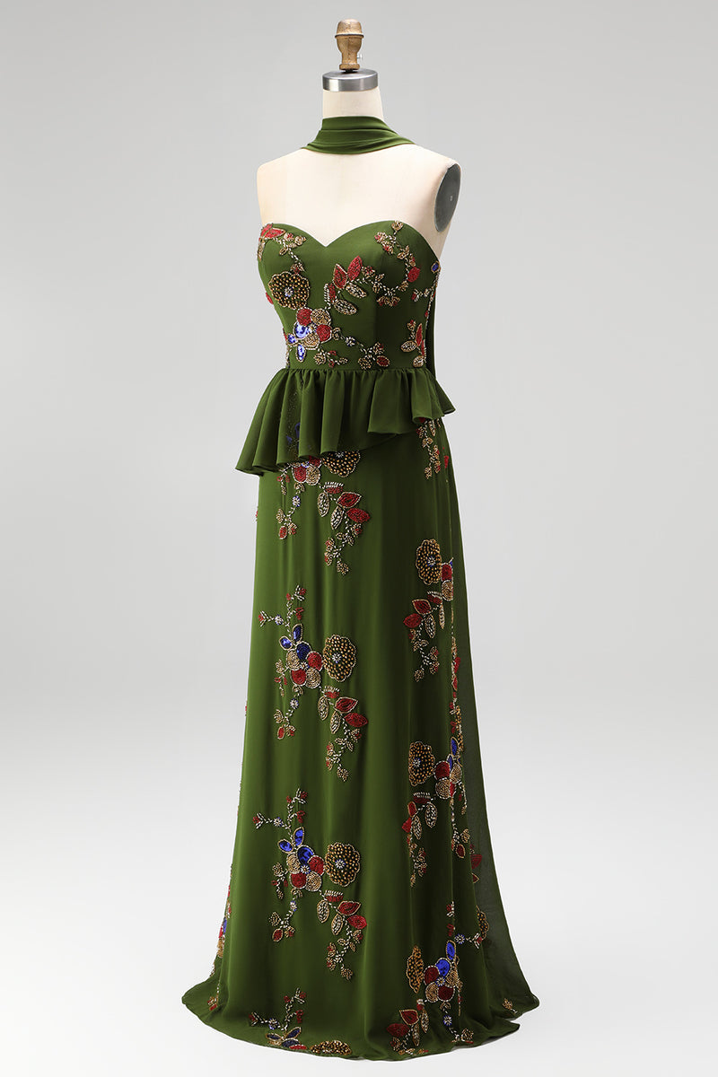 Load image into Gallery viewer, Olive Long Mermaid Floral Strapless Beaded Mother of the Bride Dress with Ruffles
