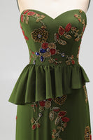 Load image into Gallery viewer, Olive Long Mermaid Floral Strapless Beaded Mother of the Bride Dress with Ruffles