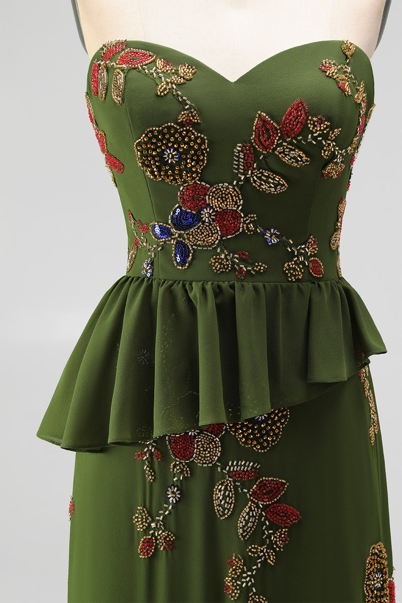 Load image into Gallery viewer, Olive Long Mermaid Floral Strapless Beaded Mother of the Bride Dress with Ruffles