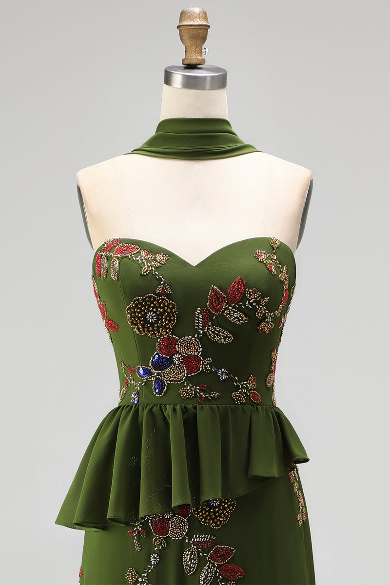 Load image into Gallery viewer, Olive Long Mermaid Floral Strapless Beaded Mother of the Bride Dress with Ruffles