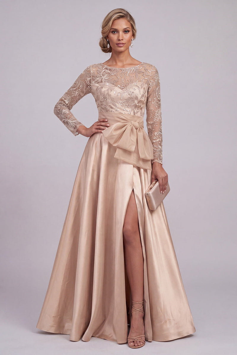 Load image into Gallery viewer, Sparkly Long Floral Beaded A Line Champagne Mother of the Bride Dress with Slit