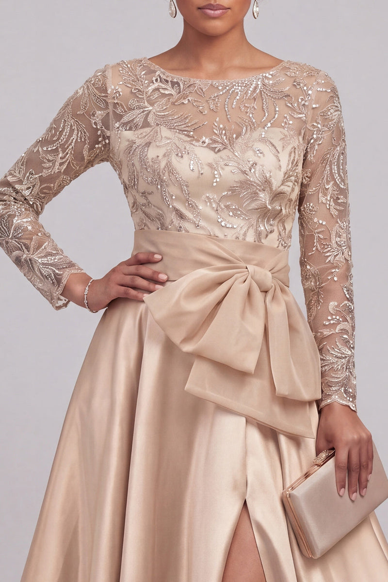 Load image into Gallery viewer, Sparkly Long Floral Beaded A Line Champagne Mother of the Bride Dress with Slit