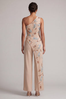 Champagne Beaded One Shoulder Mother of the Bride Jumpsuits