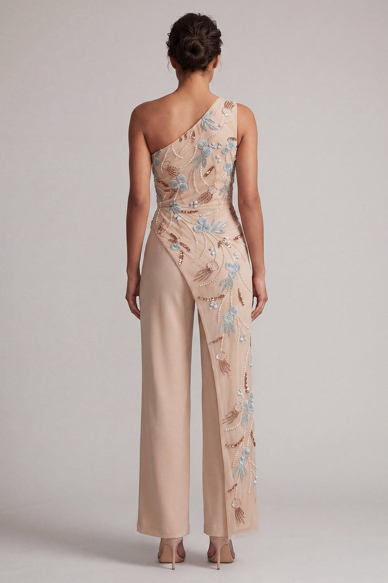 Load image into Gallery viewer, Champagne Beaded One Shoulder Mother of the Bride Jumpsuits