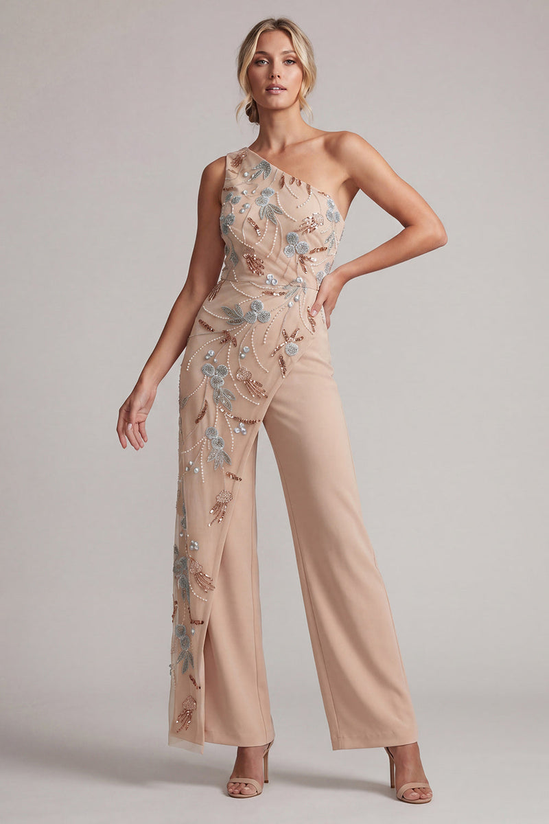 Load image into Gallery viewer, Champagne Beaded One Shoulder Mother of the Bride Jumpsuits