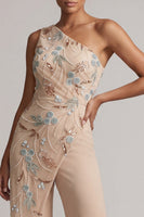 Load image into Gallery viewer, Champagne Beaded One Shoulder Mother of the Bride Jumpsuits