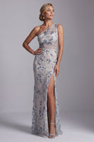 Load image into Gallery viewer, Sparkly Light Blue Mermaid Long Floral Beaded Mother of the Bride Dress with Slit