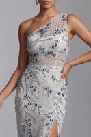 Load image into Gallery viewer, Sparkly Light Blue Mermaid Long Floral Beaded Mother of the Bride Dress with Slit