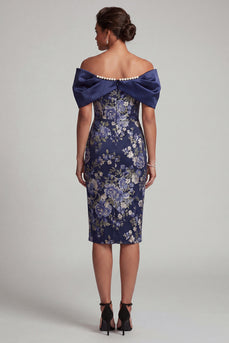 Navy Bodycon Floral Midi Mother of the Bride Dress with Pearls