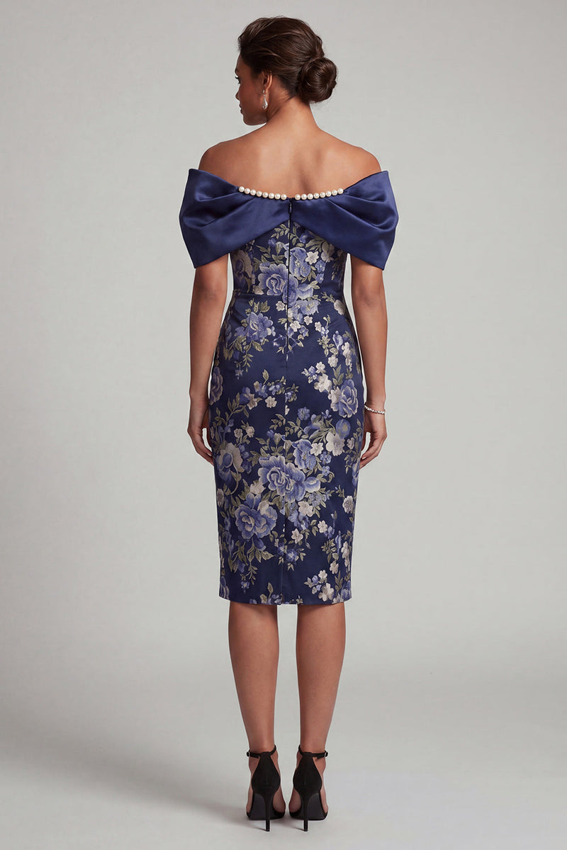Load image into Gallery viewer, Navy Bodycon Floral Midi Mother of the Bride Dress with Pearls