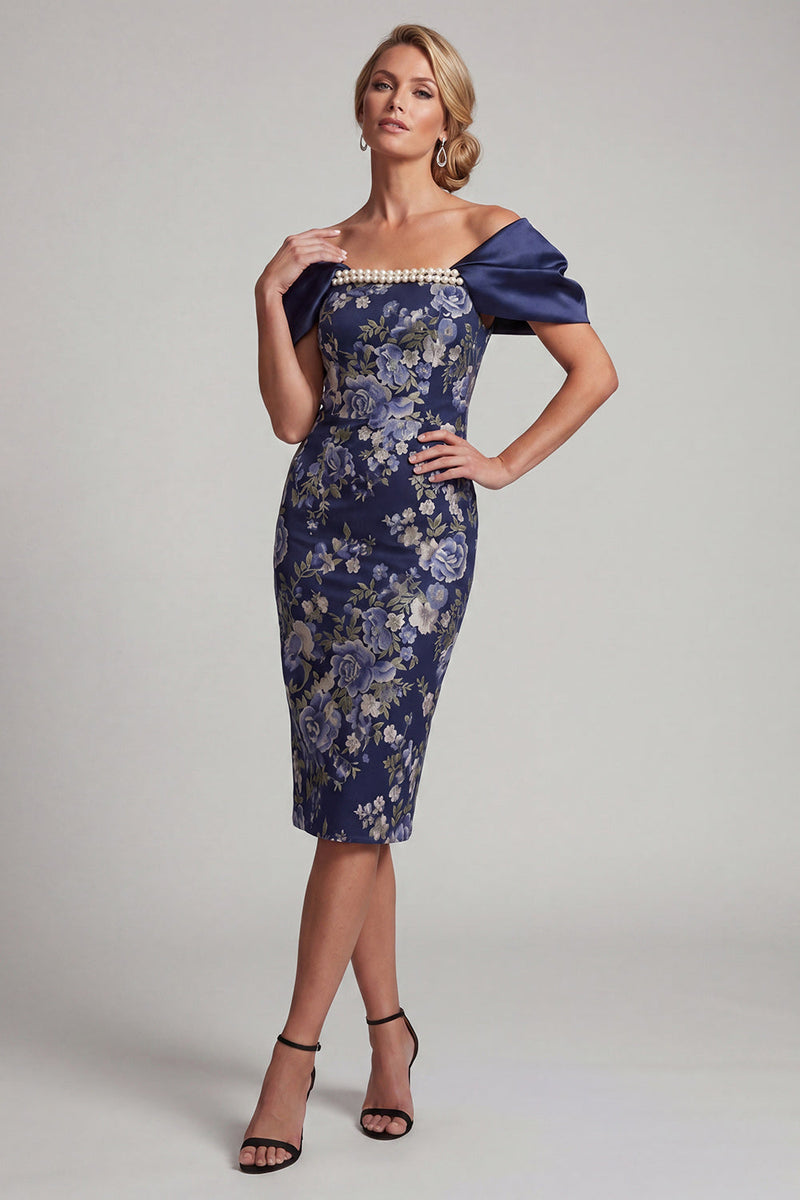 Load image into Gallery viewer, Navy Bodycon Floral Midi Mother of the Bride Dress with Pearls