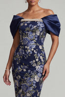 Load image into Gallery viewer, Navy Bodycon Floral Midi Mother of the Bride Dress with Pearls