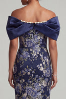 Load image into Gallery viewer, Navy Bodycon Floral Midi Mother of the Bride Dress with Pearls