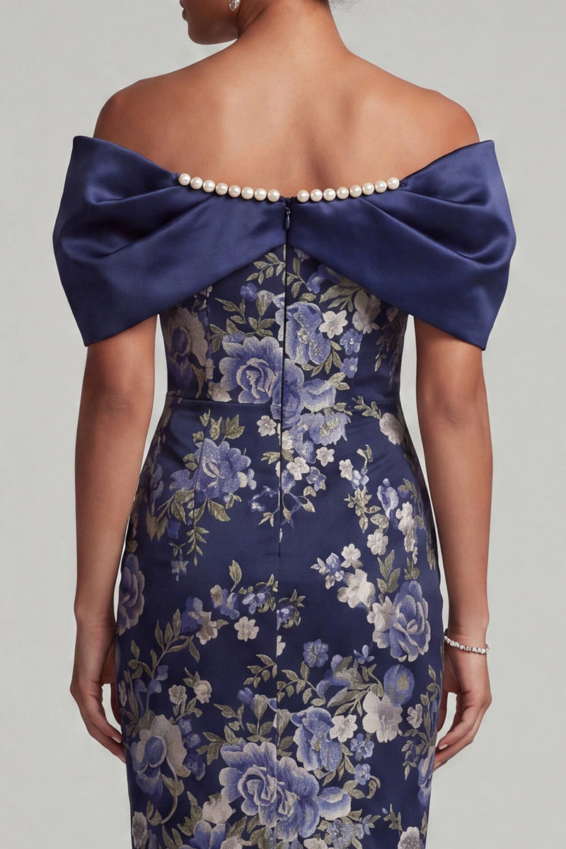 Load image into Gallery viewer, Navy Bodycon Floral Midi Mother of the Bride Dress with Pearls