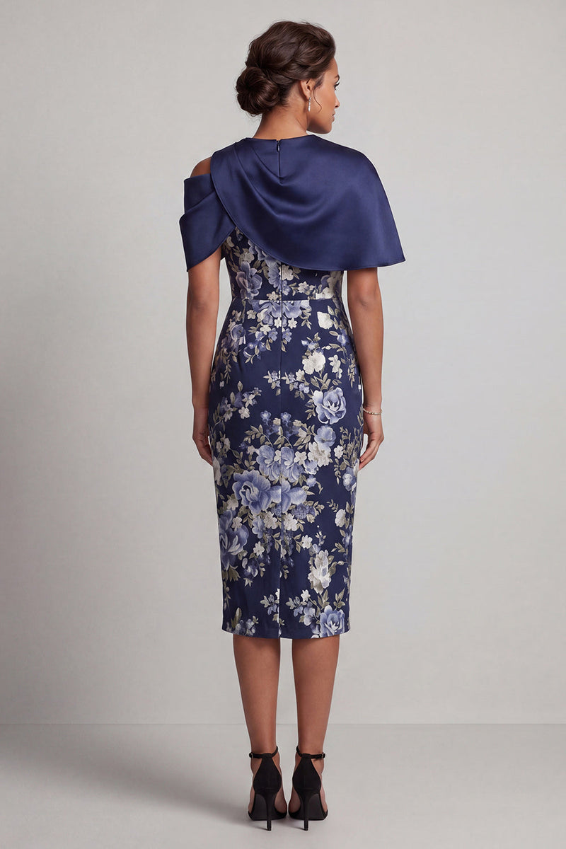 Load image into Gallery viewer, Floral Navy Midi Bodycon Mother of the Bride Dress with Cape