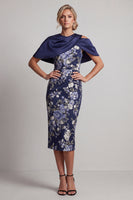 Load image into Gallery viewer, Floral Navy Midi Bodycon Mother of the Bride Dress with Cape