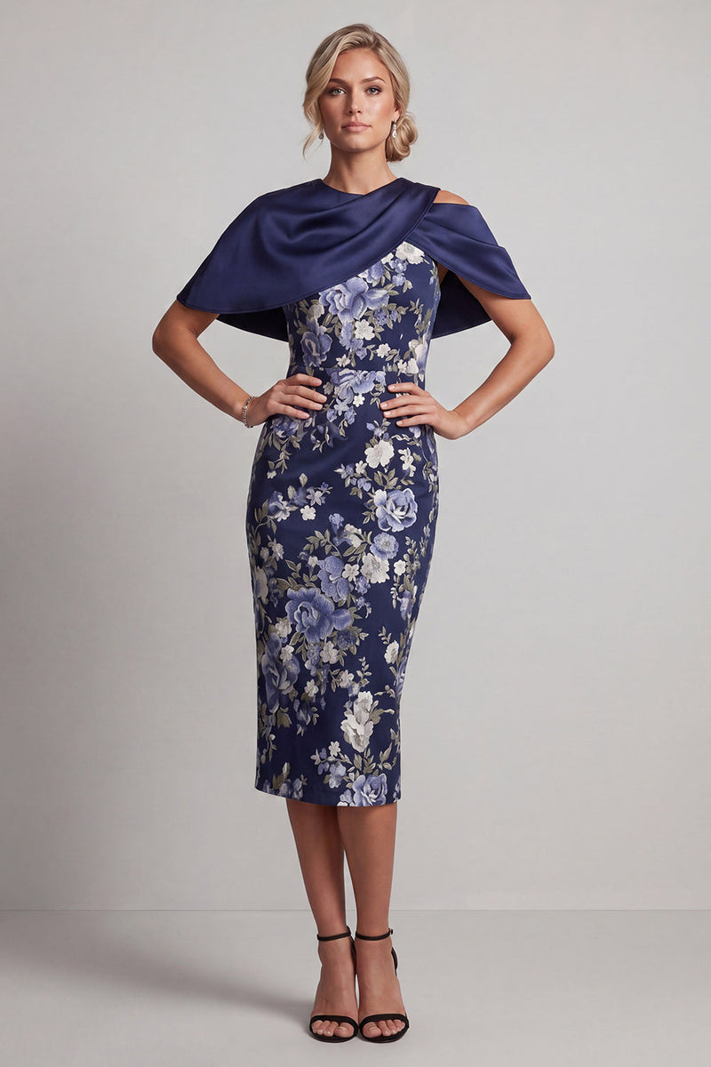 Load image into Gallery viewer, Floral Navy Midi Bodycon Mother of the Bride Dress with Cape