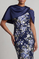 Load image into Gallery viewer, Floral Navy Midi Bodycon Mother of the Bride Dress with Cape