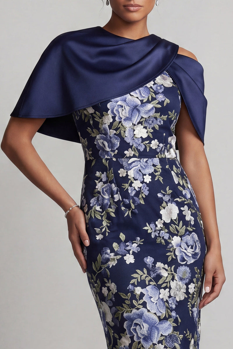 Load image into Gallery viewer, Floral Navy Midi Bodycon Mother of the Bride Dress with Cape