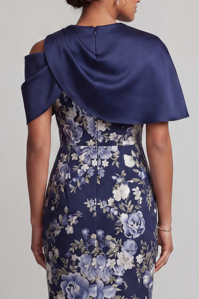 Load image into Gallery viewer, Floral Navy Midi Bodycon Mother of the Bride Dress with Cape