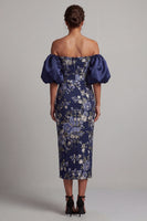 Load image into Gallery viewer, Navy Sheath Floral Long Puff Sleeves Mother of the Bride Dress