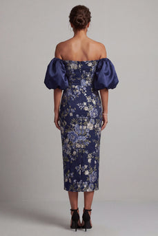 Navy Sheath Floral Long Puff Sleeves Mother of the Bride Dress