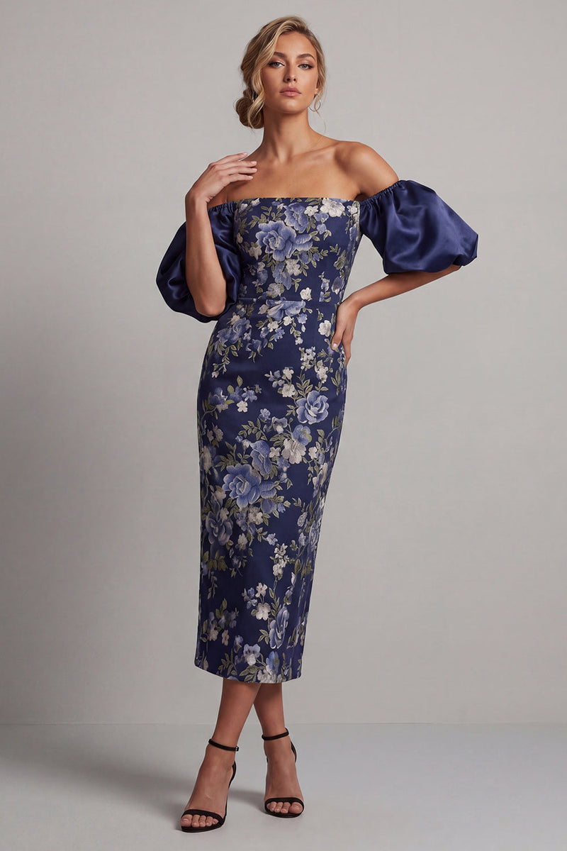 Load image into Gallery viewer, Navy Sheath Floral Long Puff Sleeves Mother of the Bride Dress
