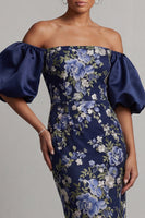 Load image into Gallery viewer, Navy Sheath Floral Long Puff Sleeves Mother of the Bride Dress