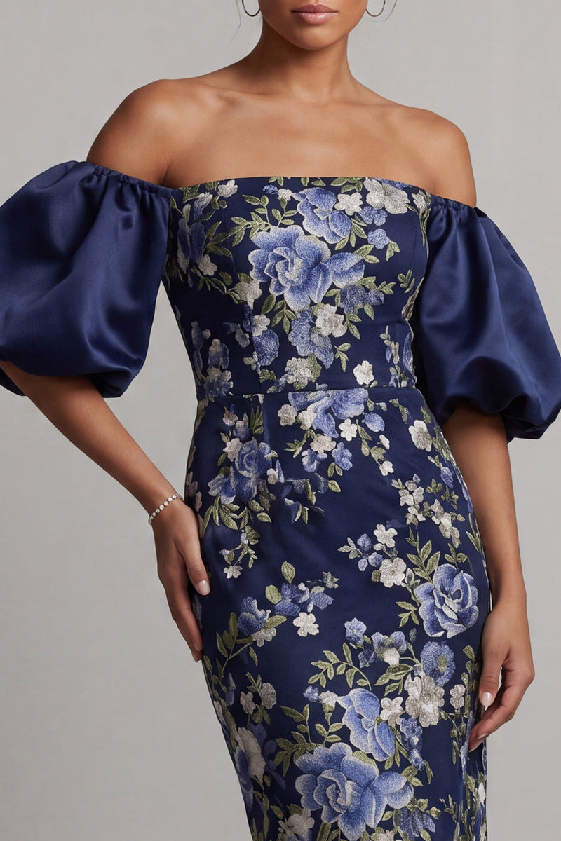 Load image into Gallery viewer, Navy Sheath Floral Long Puff Sleeves Mother of the Bride Dress