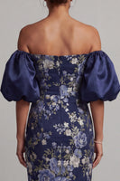 Load image into Gallery viewer, Navy Sheath Floral Long Puff Sleeves Mother of the Bride Dress