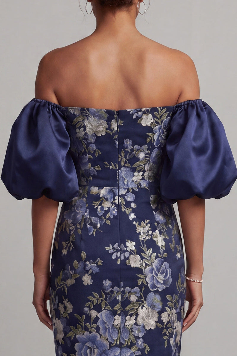 Load image into Gallery viewer, Navy Sheath Floral Long Puff Sleeves Mother of the Bride Dress