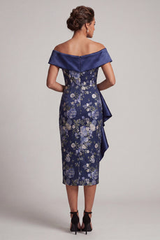 Off the Shoulder Ruffled Sheath Floral Navy Long Mother of the Bride Dress