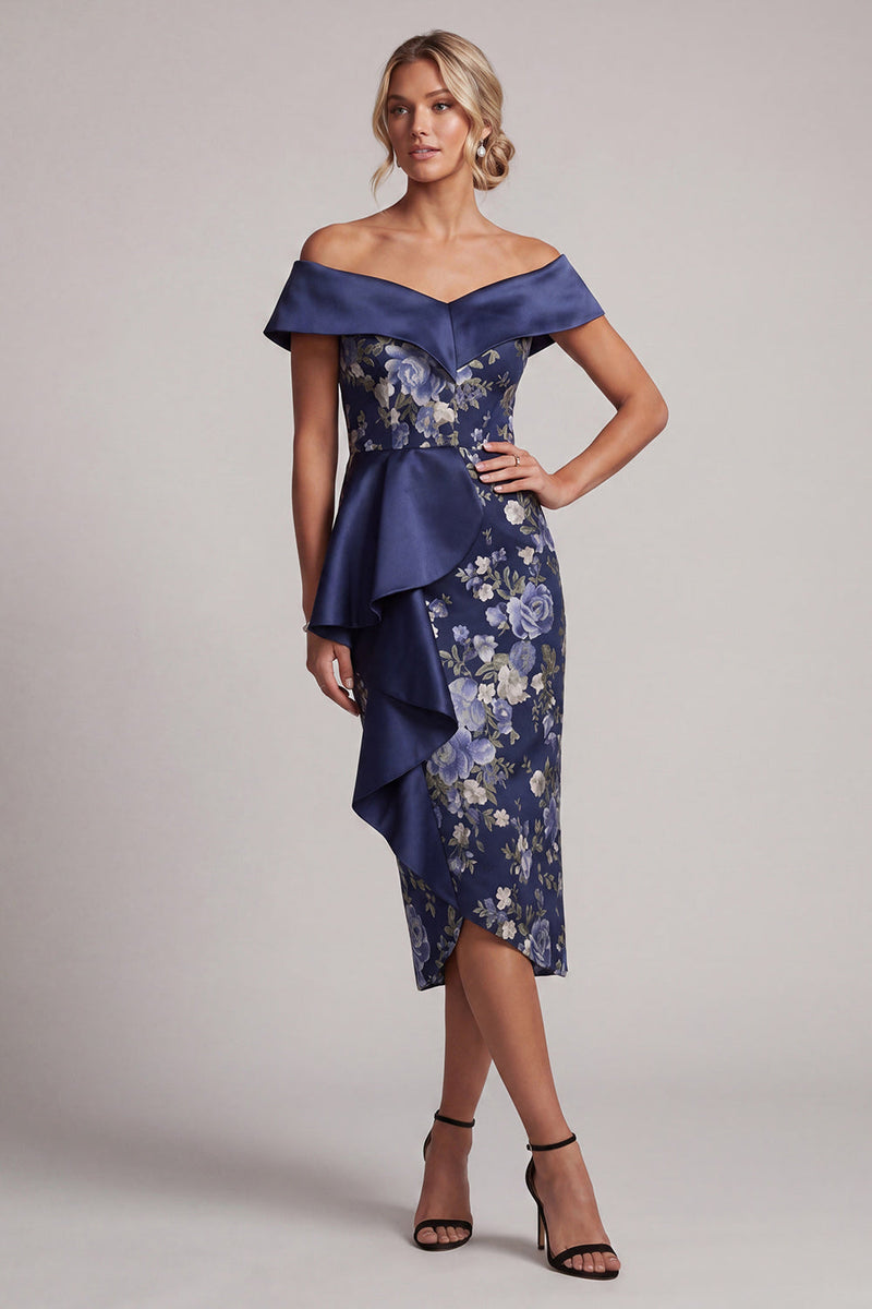 Load image into Gallery viewer, Off the Shoulder Ruffled Sheath Floral Navy Long Mother of the Bride Dress