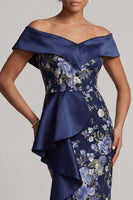 Load image into Gallery viewer, Off the Shoulder Ruffled Sheath Floral Navy Long Mother of the Bride Dress
