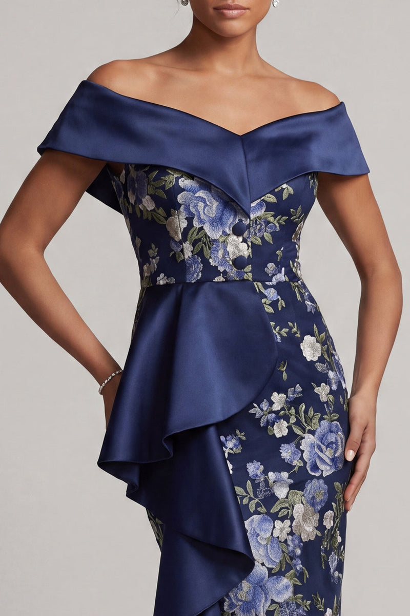 Load image into Gallery viewer, Off the Shoulder Ruffled Sheath Floral Navy Long Mother of the Bride Dress