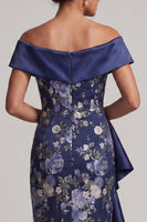 Load image into Gallery viewer, Off the Shoulder Ruffled Sheath Floral Navy Long Mother of the Bride Dress