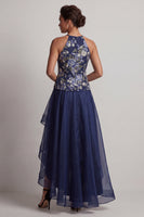 Load image into Gallery viewer, A Line Navy Halter Floral High Low Mother of the Bride Dress