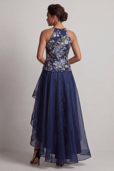 A Line Navy Halter Floral High Low Mother of the Bride Dress