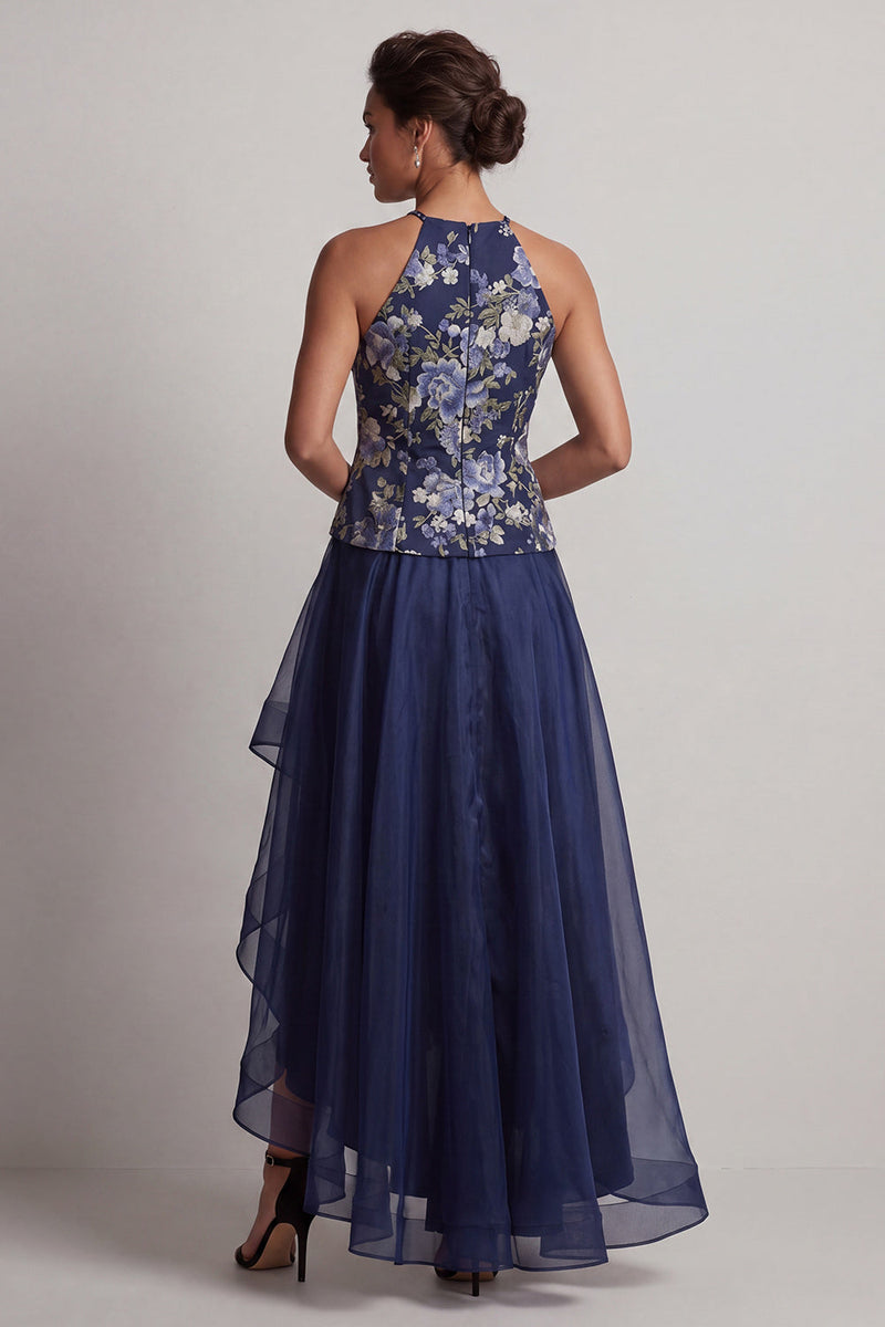 Load image into Gallery viewer, A Line Navy Halter Floral High Low Mother of the Bride Dress
