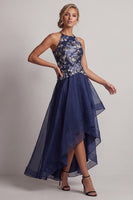 Load image into Gallery viewer, A Line Navy Halter Floral High Low Mother of the Bride Dress