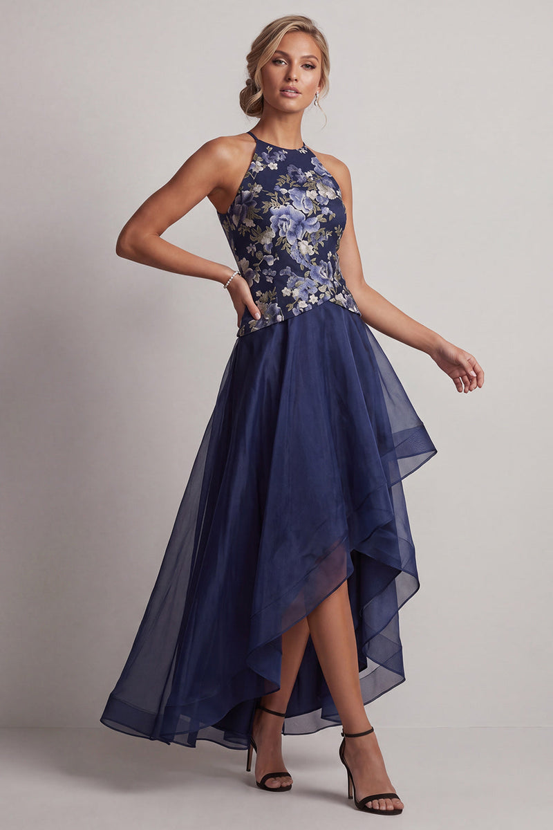Load image into Gallery viewer, A Line Navy Halter Floral High Low Mother of the Bride Dress