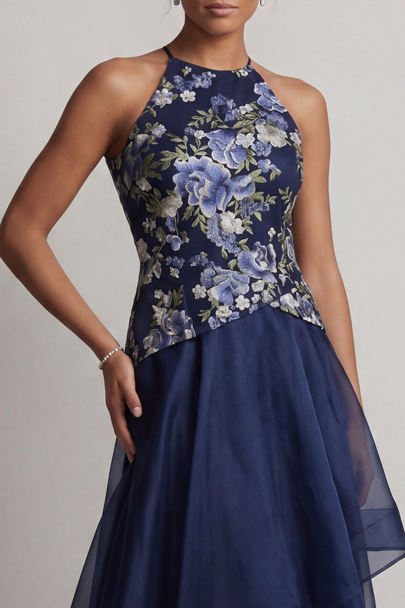 Load image into Gallery viewer, A Line Navy Halter Floral High Low Mother of the Bride Dress