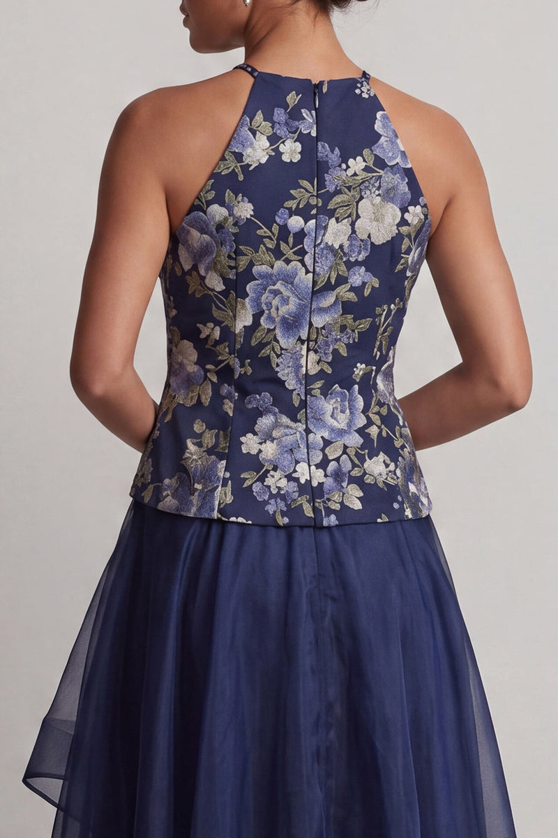 Load image into Gallery viewer, A Line Navy Halter Floral High Low Mother of the Bride Dress