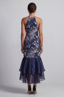 Load image into Gallery viewer, Mermaid Navy Halter Floral Long Mother of the Bride Dress with Ruffles