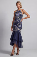 Load image into Gallery viewer, Mermaid Navy Halter Floral Long Mother of the Bride Dress with Ruffles