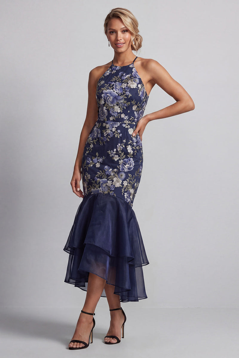 Load image into Gallery viewer, Mermaid Navy Halter Floral Long Mother of the Bride Dress with Ruffles